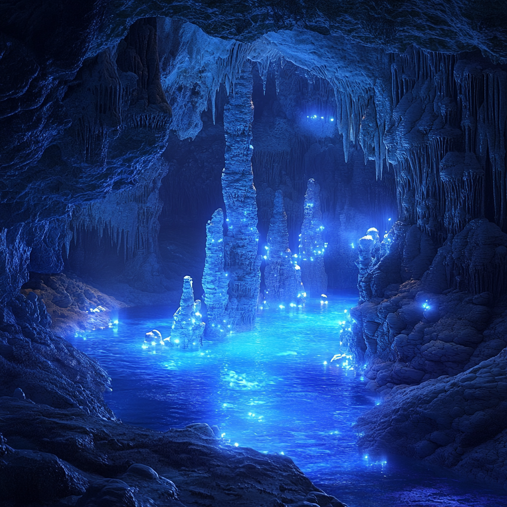 High-definition 4K image of fantastical landscape with blue pond.