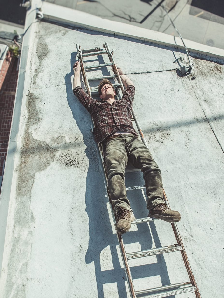 High-definition rooftop view: fallen person and ladder