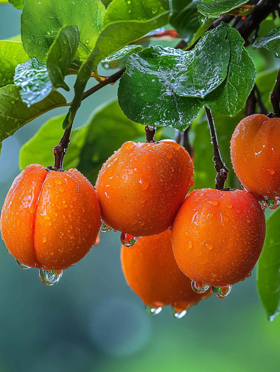 High detail photo of 7 persimmons on branch.