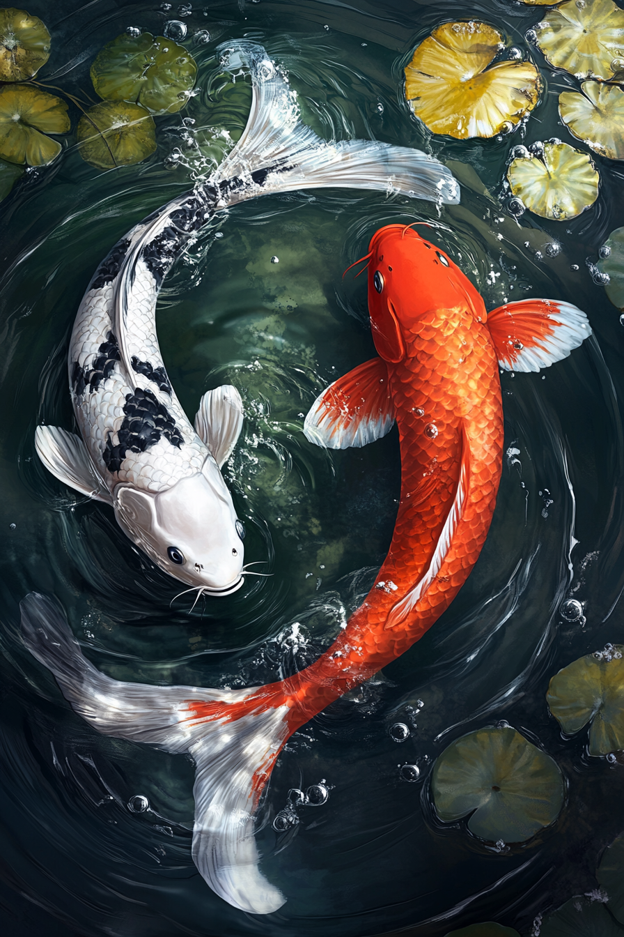 High detailed realistic canon eos shot of two koi.