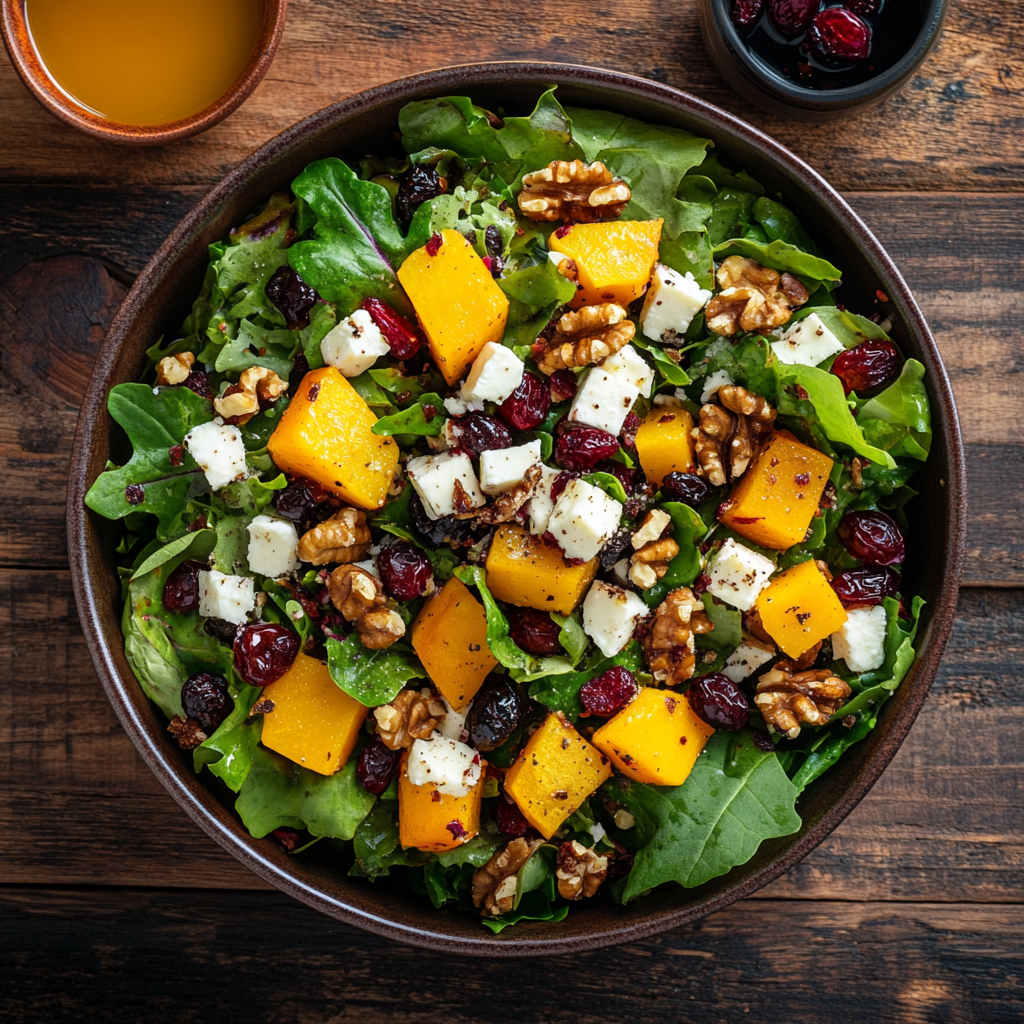 High-end photo of Sunset Orchard Salad on rustic table.