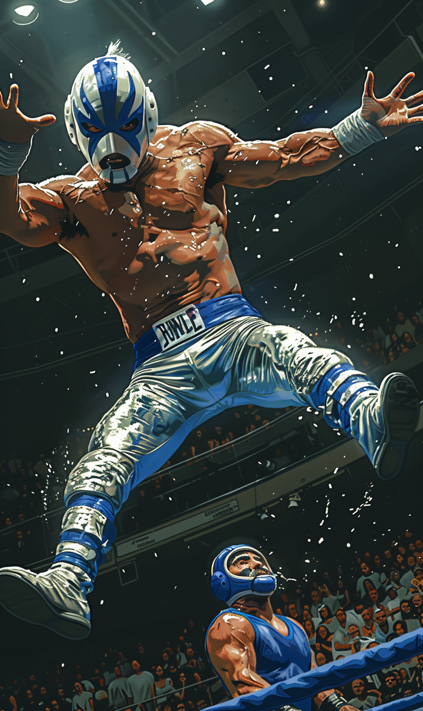 High-energy lucha libre wrestling match artwork.