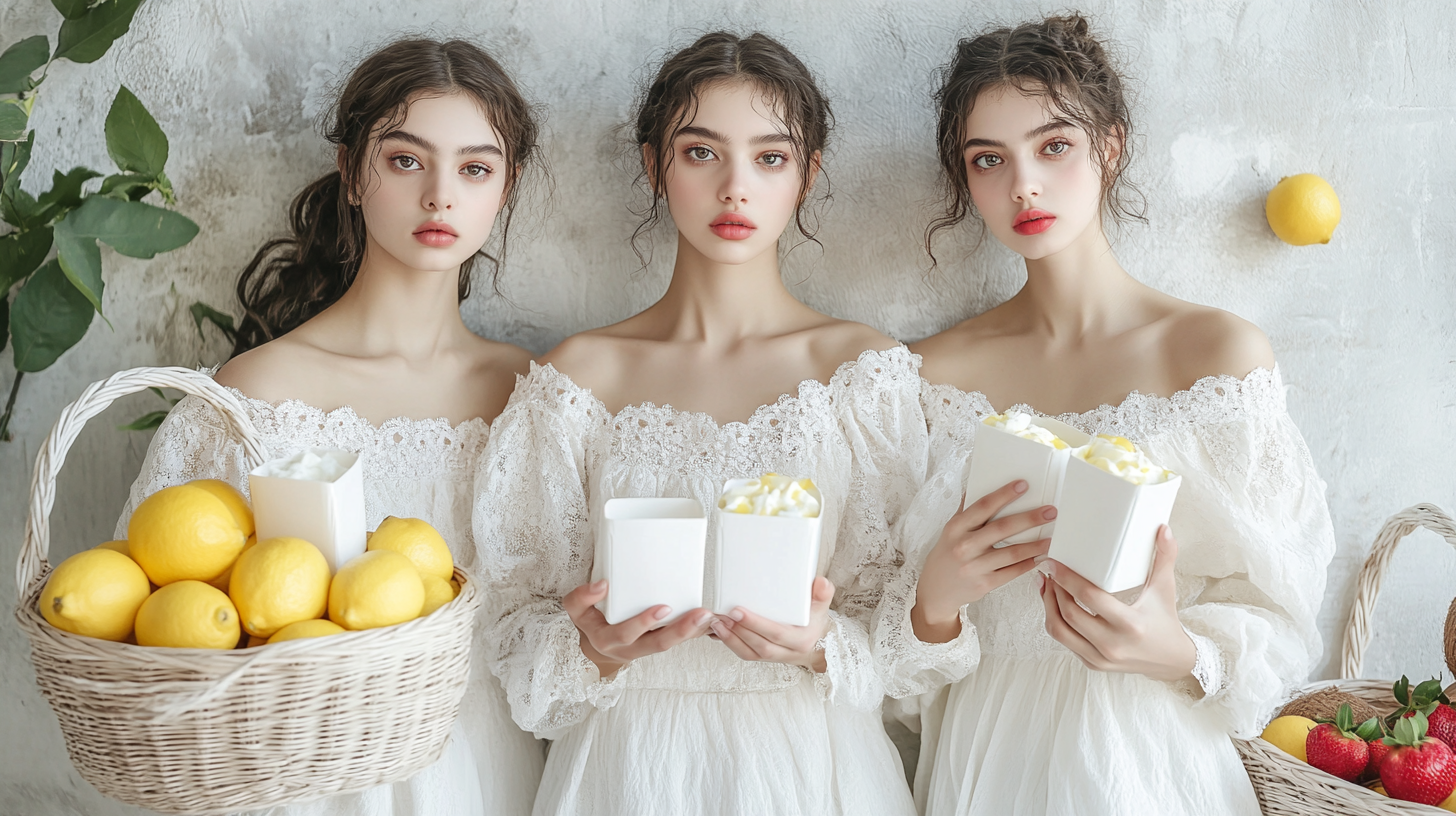 High fashion photo of models with milk cartons, fruits.