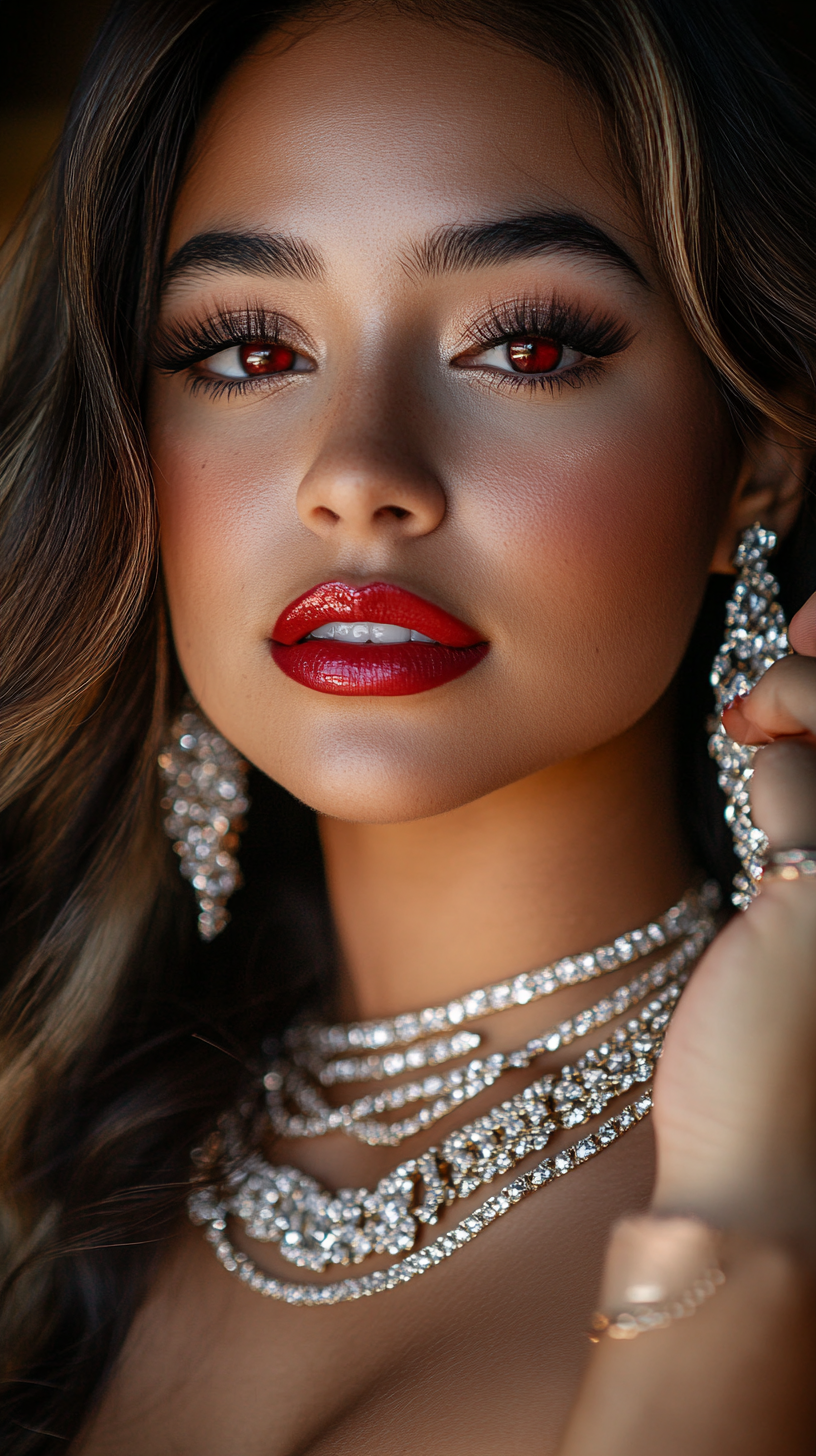 High-fashion portrait of California Latina exuding luxury. Euphoric expression, shimmering jewelry, flawless makeup.