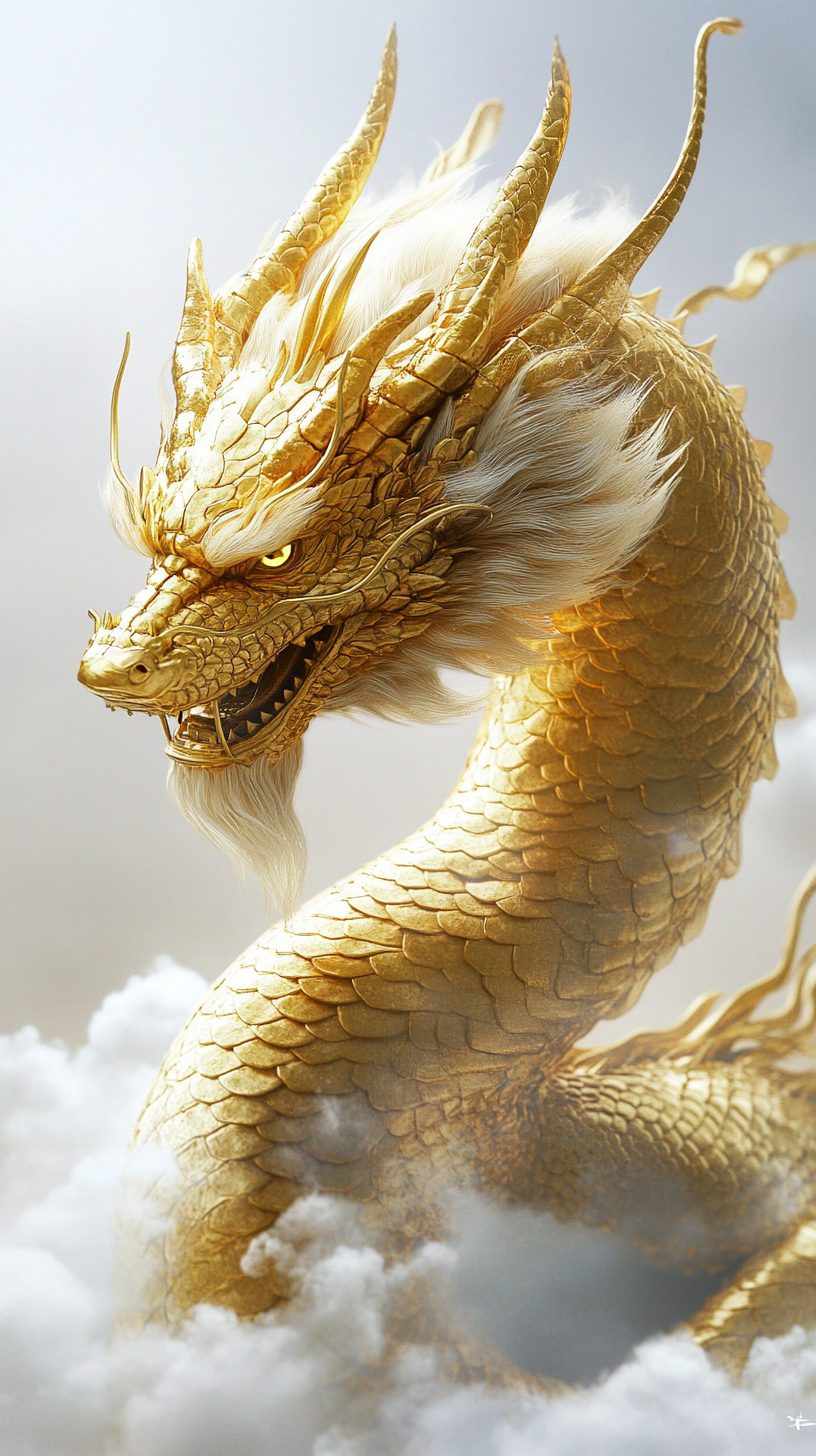 High quality hyperrealistic photo of gold dragon.