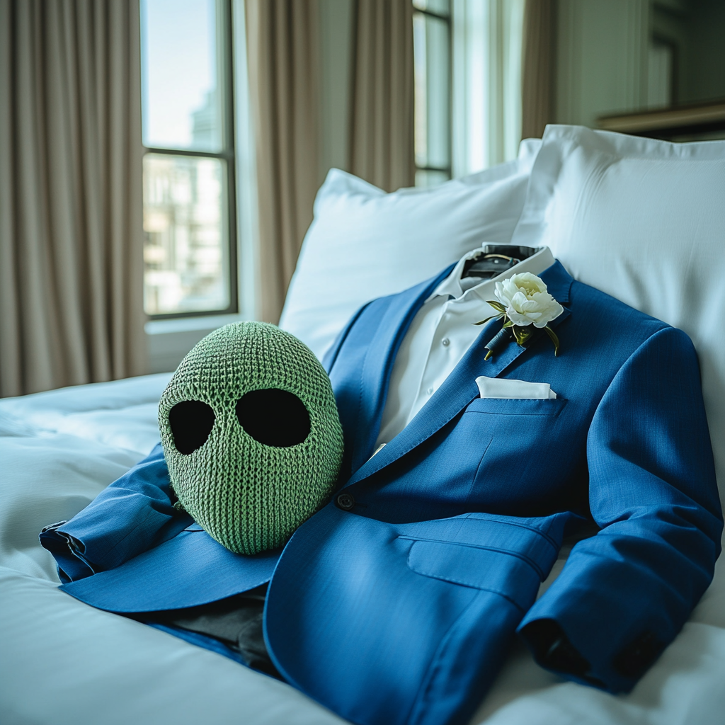 High quality image of blue suit on bed.