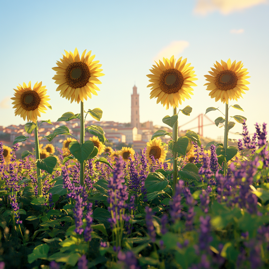 High-quality image of sunflowers with Lisbon landmarks, realistic lighting