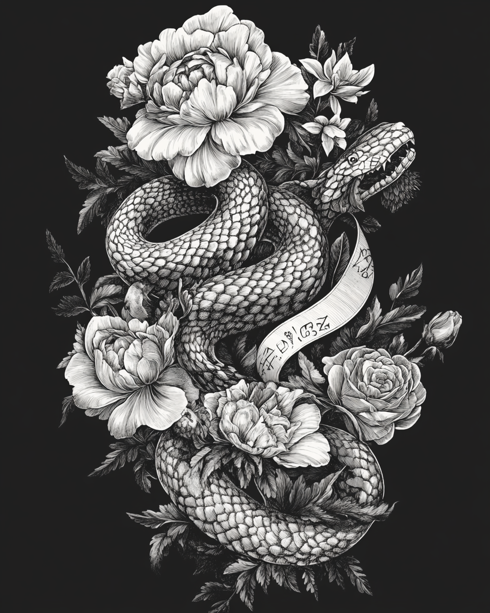 High-quality monochrome illustration of botanical glyphs, ribbons, flowers.