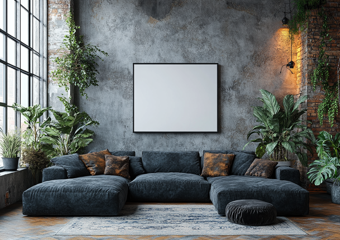 High quality photo of dark sofa, plants, framed board.