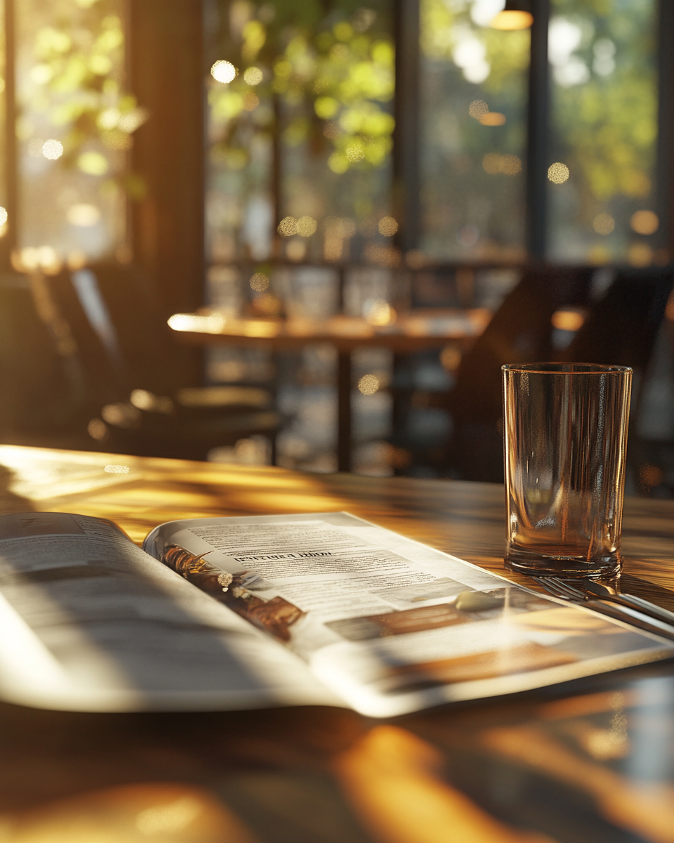 High quality photo of menu magazine on table.