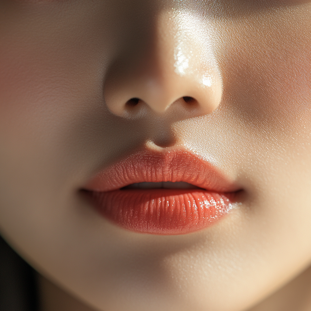 High-quality photo of natural plump pink lips, cinematic tone.