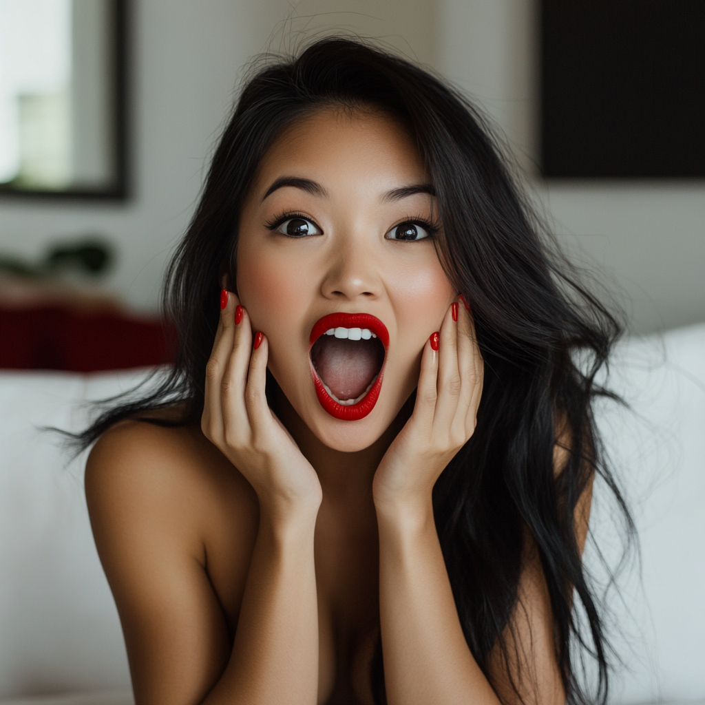 High quality photo of young asian woman smiling widely.