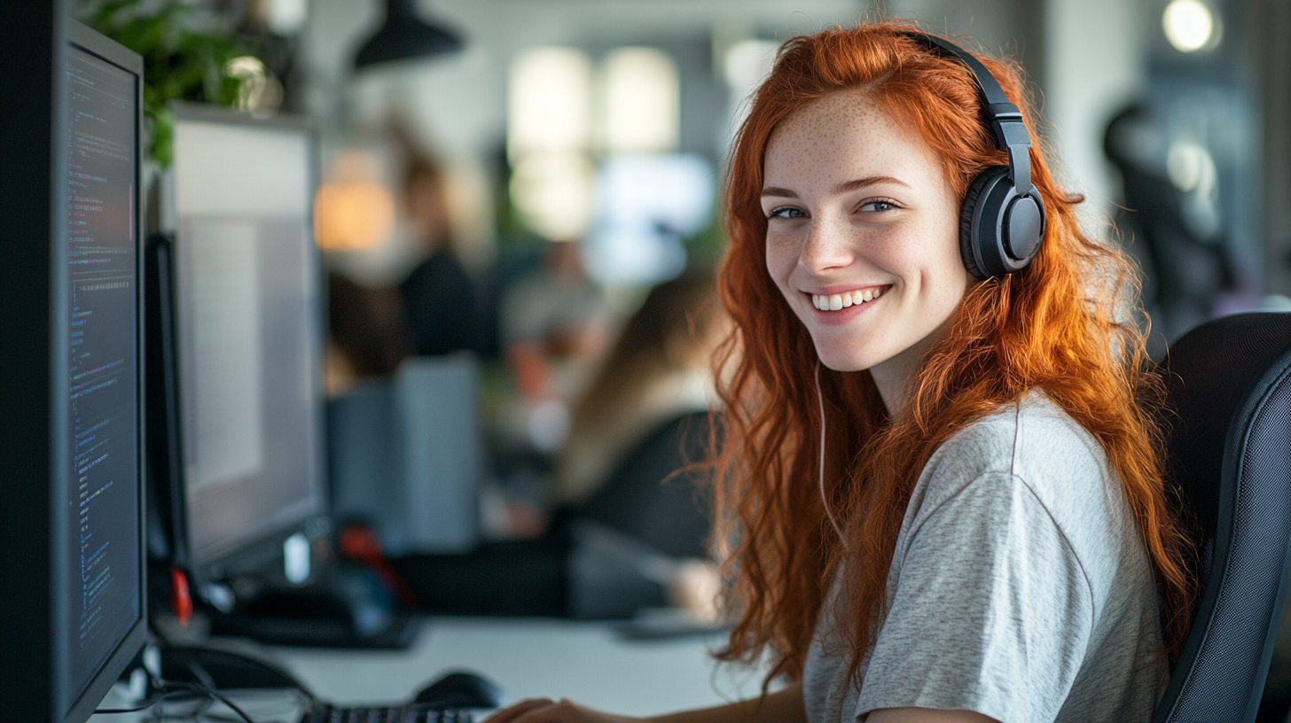 High quality photograph of young woman at desk smiling.