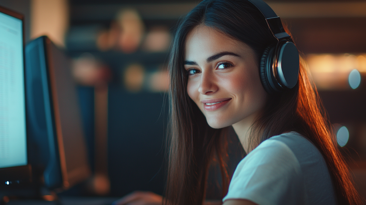 High quality photograph: smiling attractive girl at computer desk.