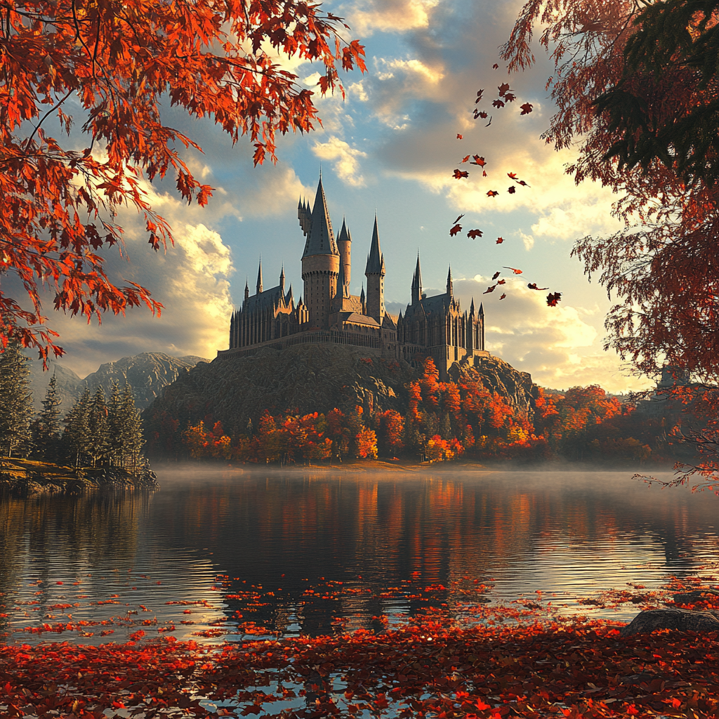 High-res, hyper-realistic Hogwarts in fall, serenely magical scene.