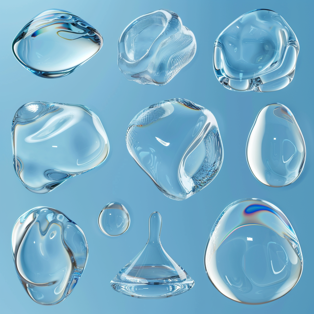 High-res image of transparent water droplets on blue gradient.