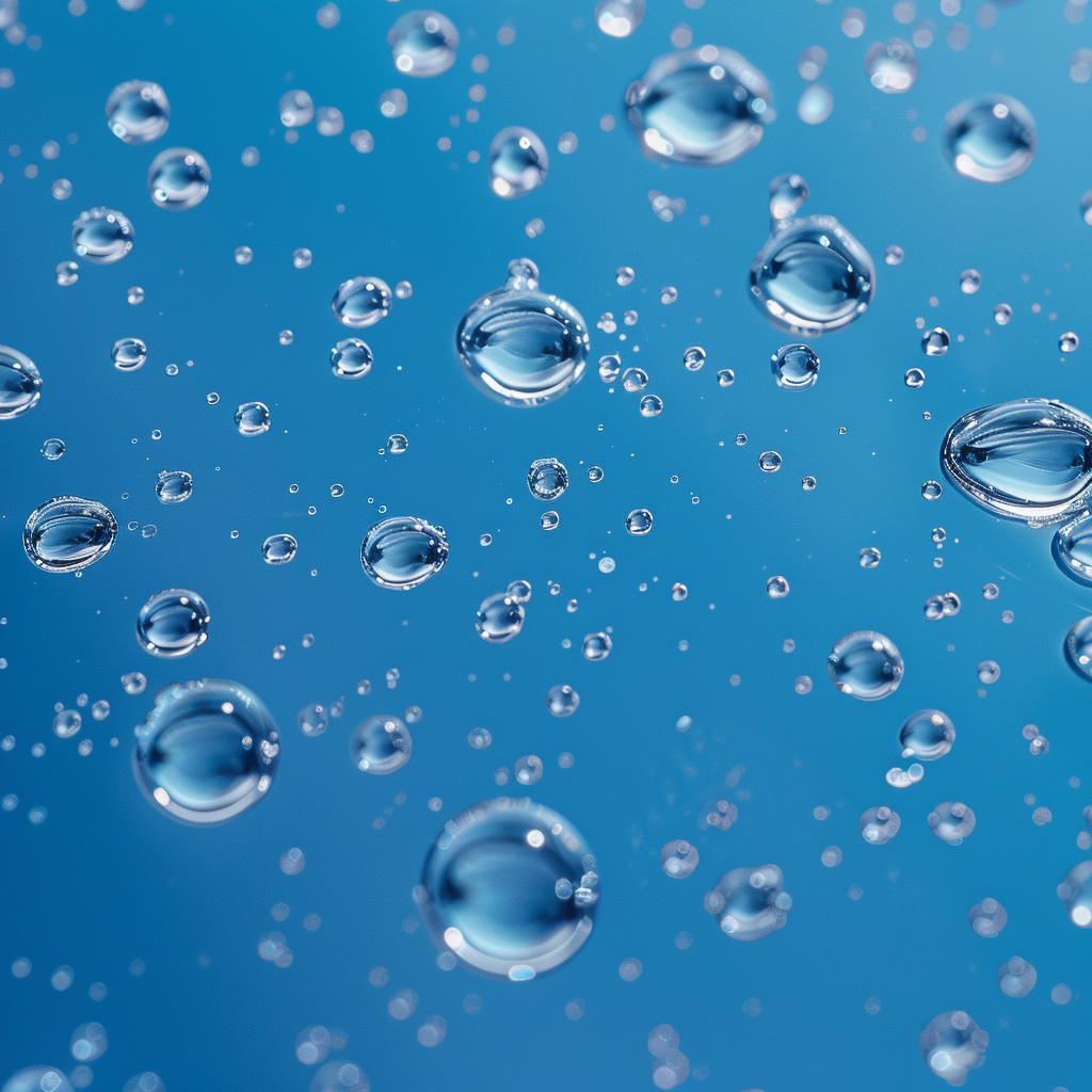 High-res transparent water droplets on blue background.