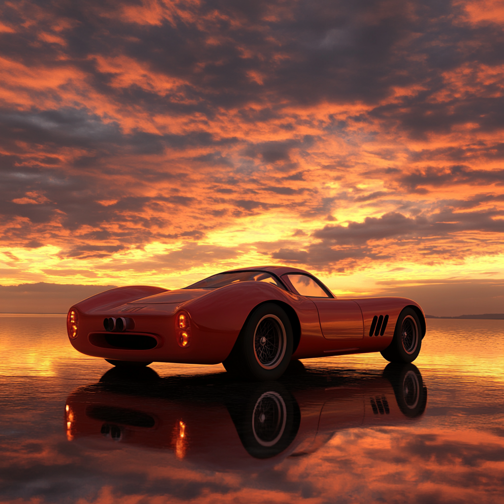 High-resolution Ferrari image under sunset sky with warm hues and reflections