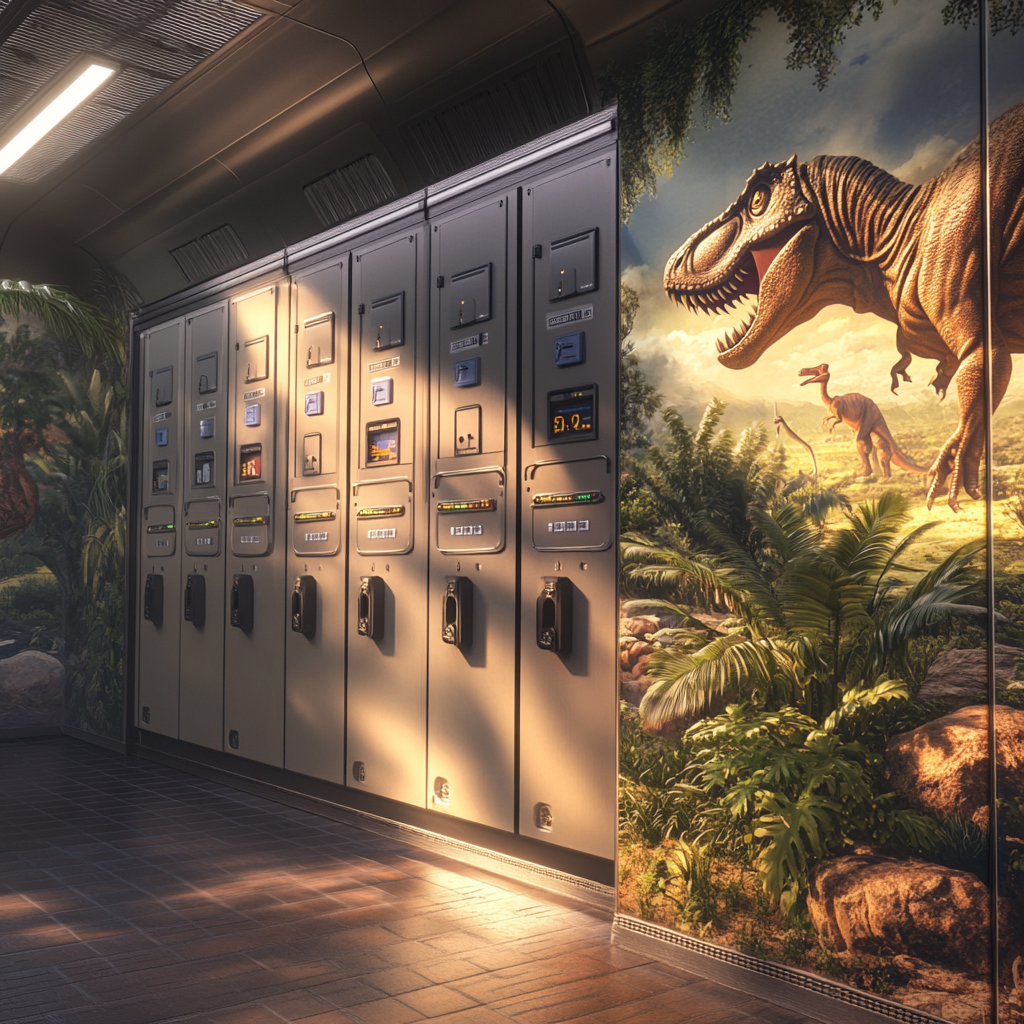 High-resolution camera capturing image of RFID lockers with murals.