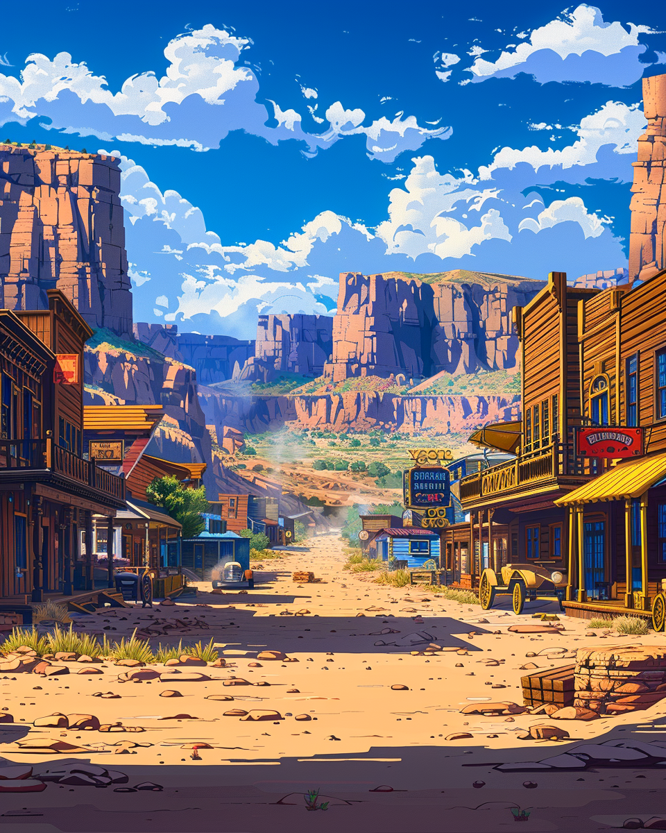 High resolution cartoon style illustration of dusty town.