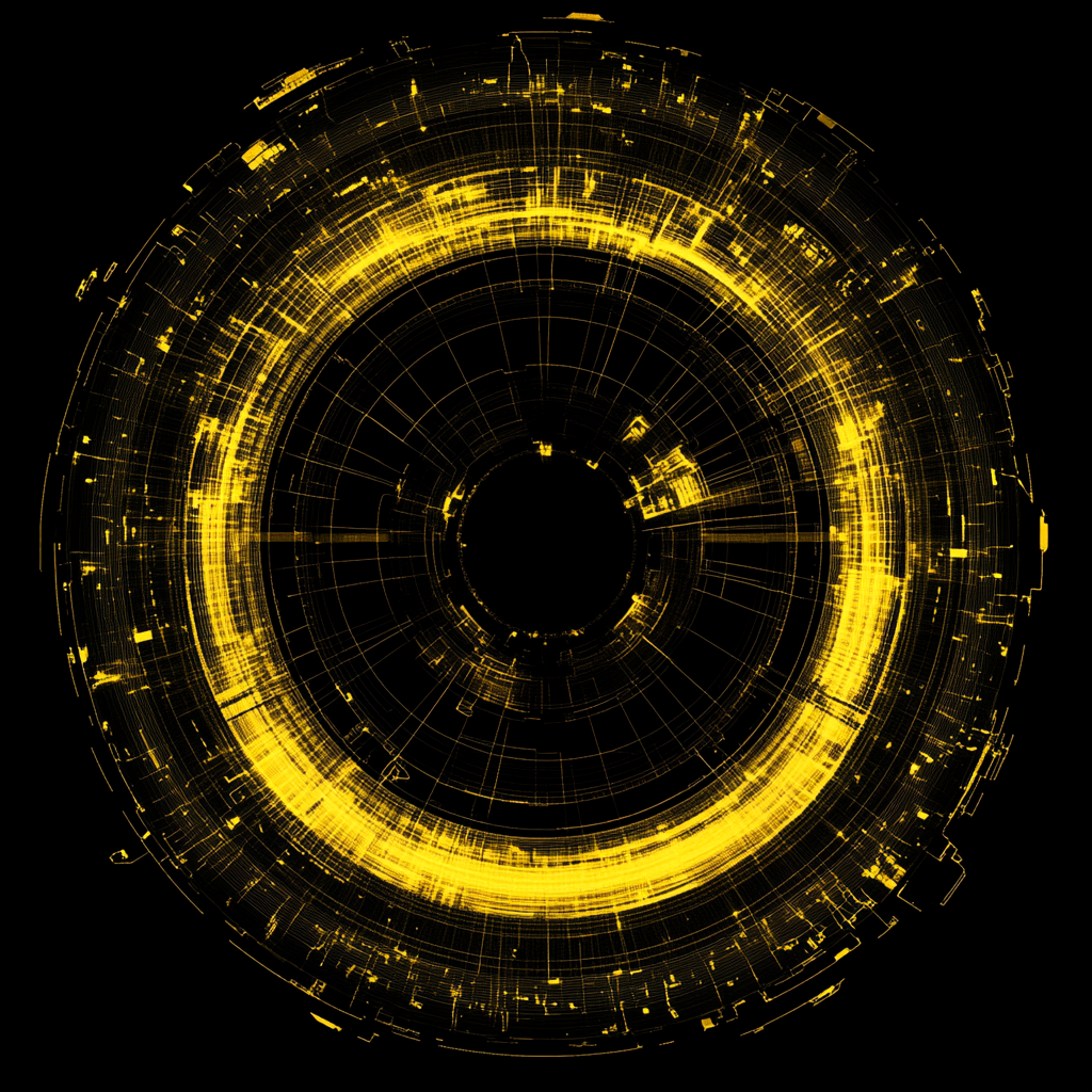 High-resolution image of motor cycle wheel symbol. Yellow, black, futuristic wireframe digital art. Cyberpunk style.