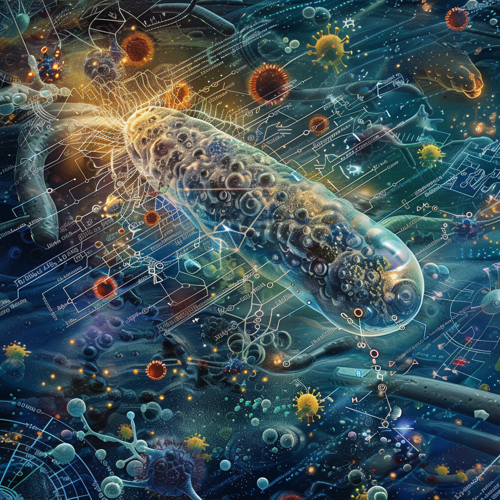 High resolution legionella bacteria surrounded by chemical compounds.