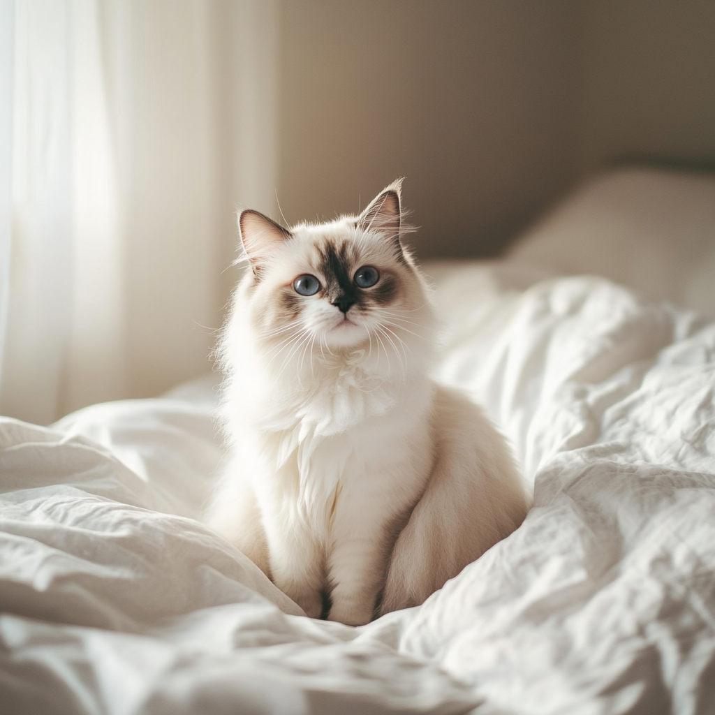 High resolution photo of cute Ragdoll cat sitting.