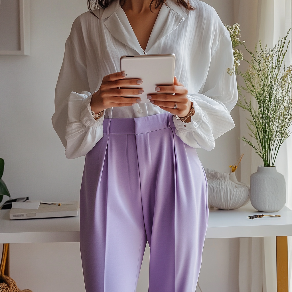 High resolution photo of woman holding iPad, autumn theme.