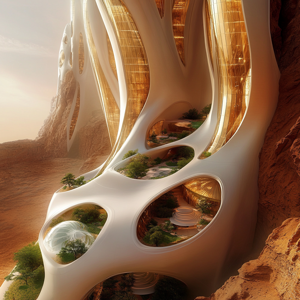 High-rise building on Mars harmonizing with nature and community.