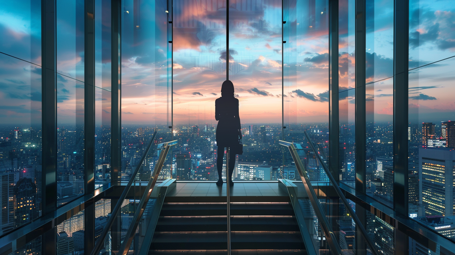 High-rise businesswoman overlooking city, symbolizing success journey.