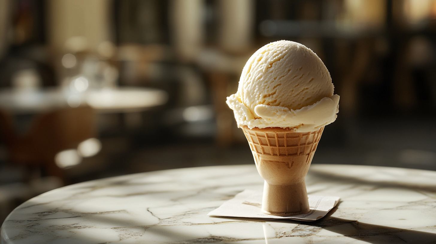 High-zoom realistic Italian gelato craftsmanship on table 16:9