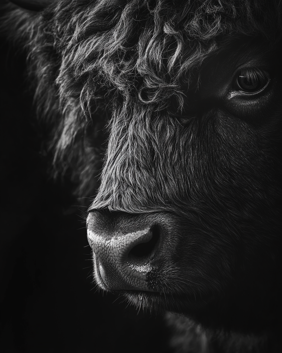 Highland cattle bull in dramatic lighting and detail