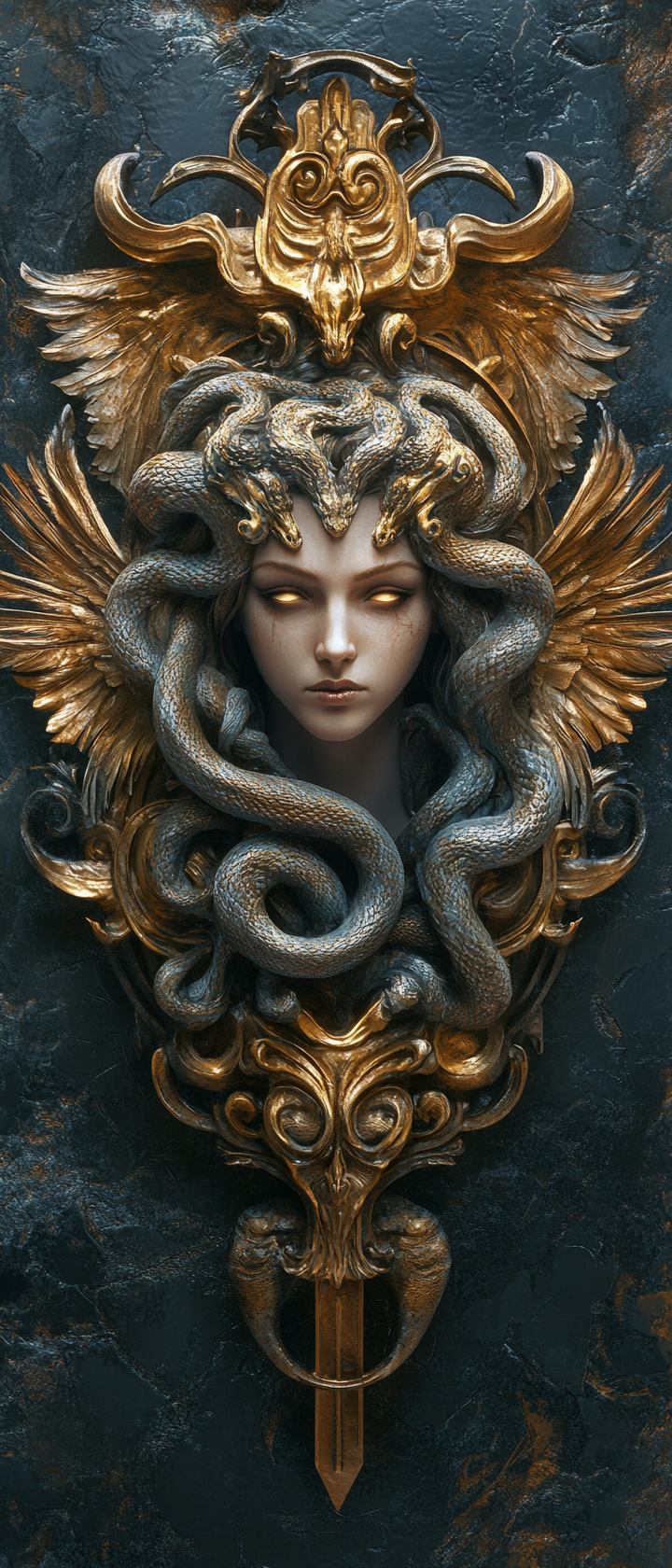 Highly detailed Trinacria symbol with Medusa's face