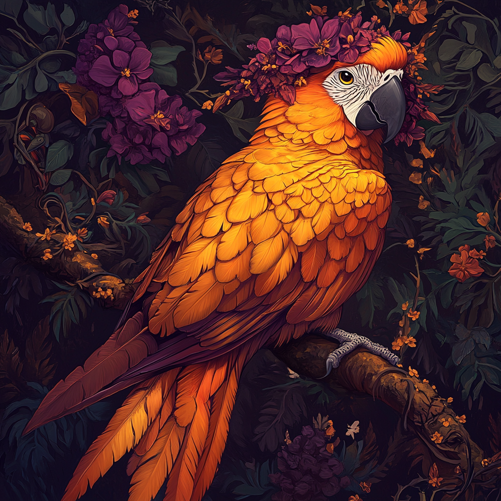 Highly detailed and mystical orange parrot illustration prompt.