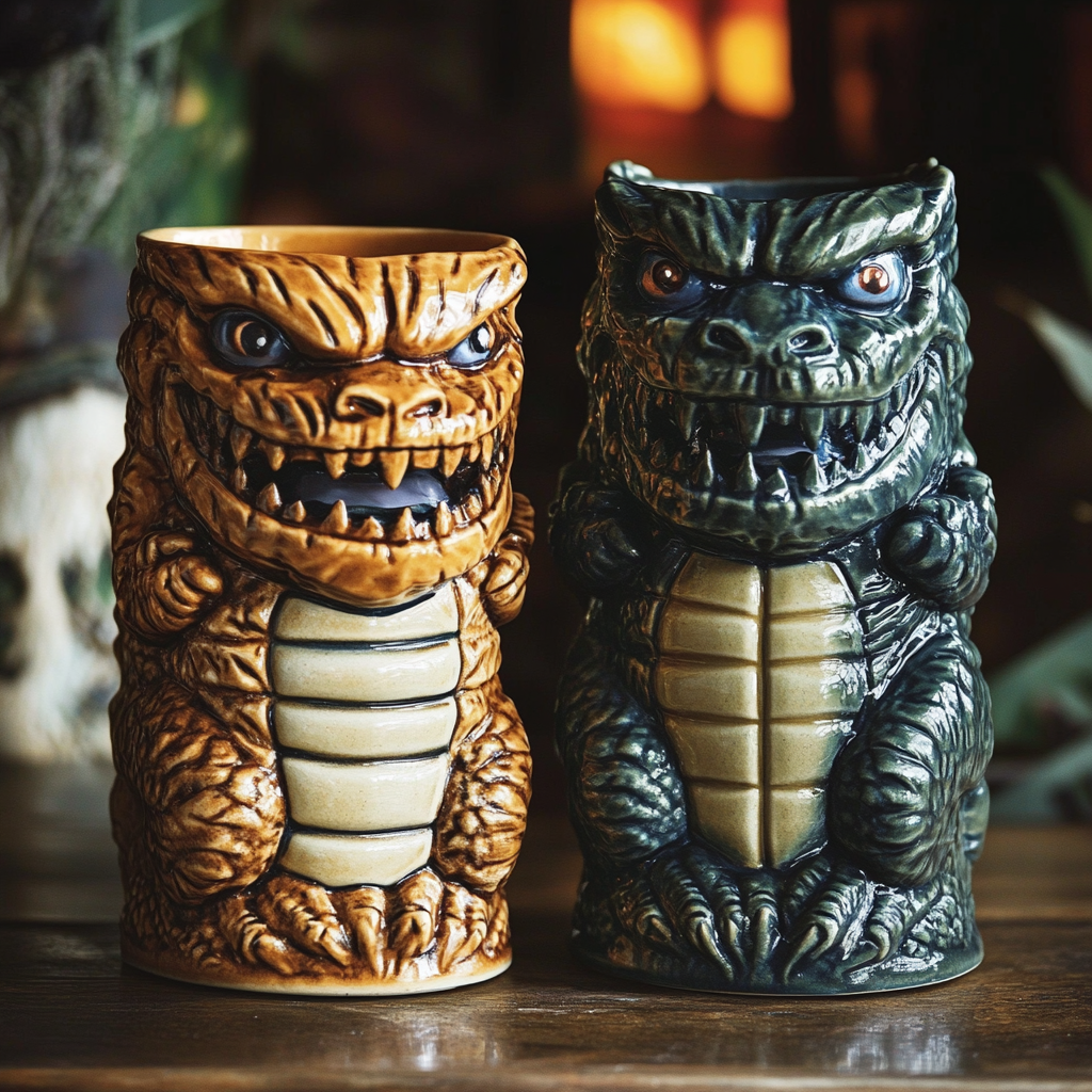 Highly detailed ceramic Godzilla tiki mug. Ambient lighting.