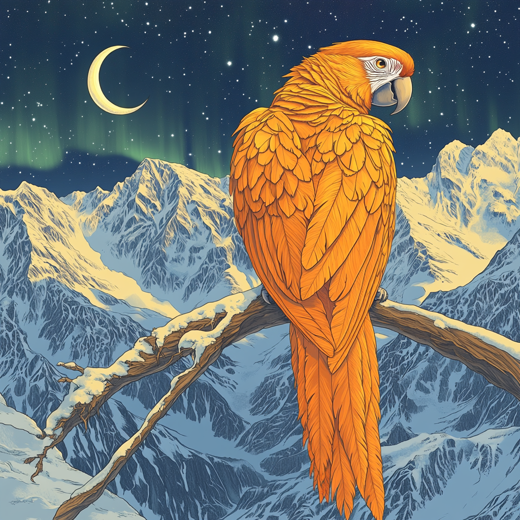 Highly detailed magical illustration focus on majestic orange parrot.