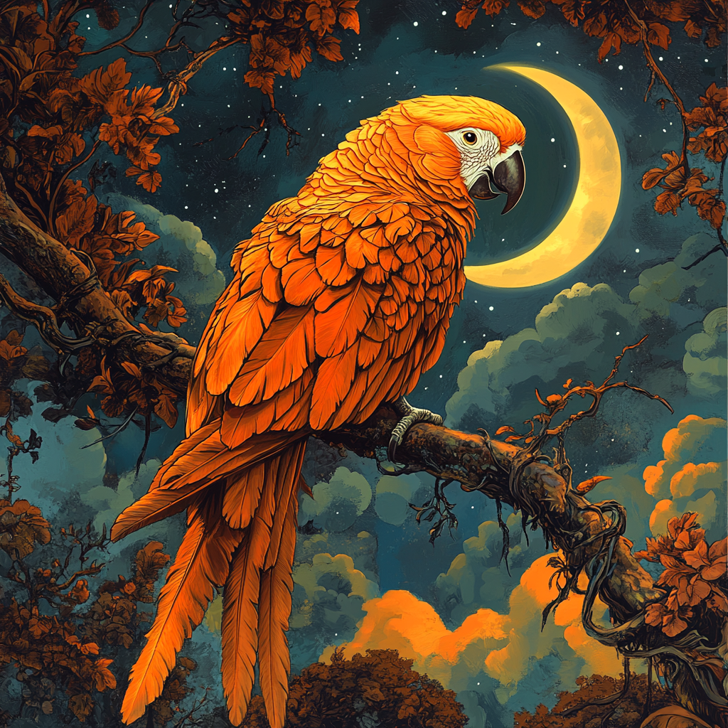 Highly detailed magical illustration of majestic orange parrot.