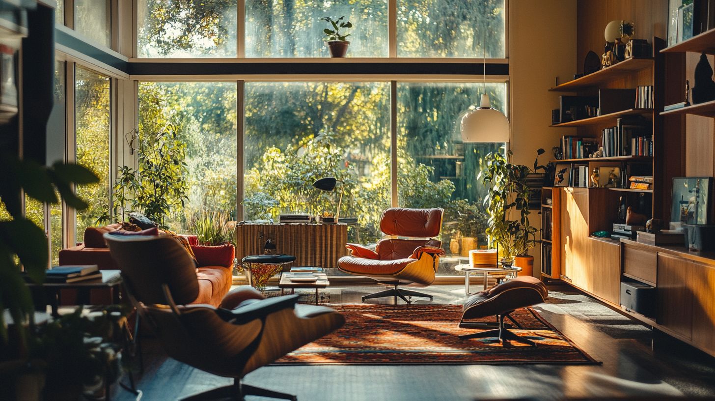 Highly detailed modern living room with large windows.