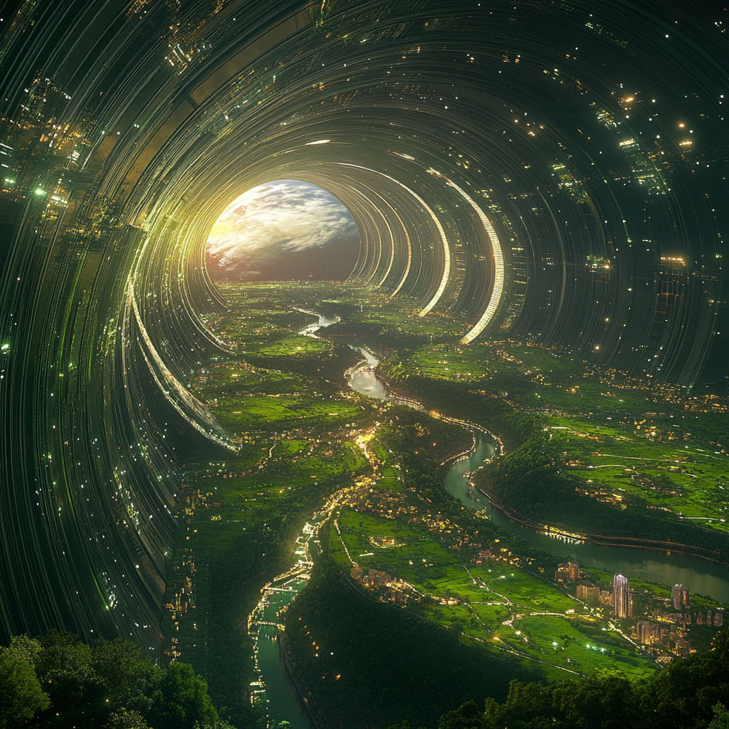 Highly realistic image of futuristic space colony in cylinder.