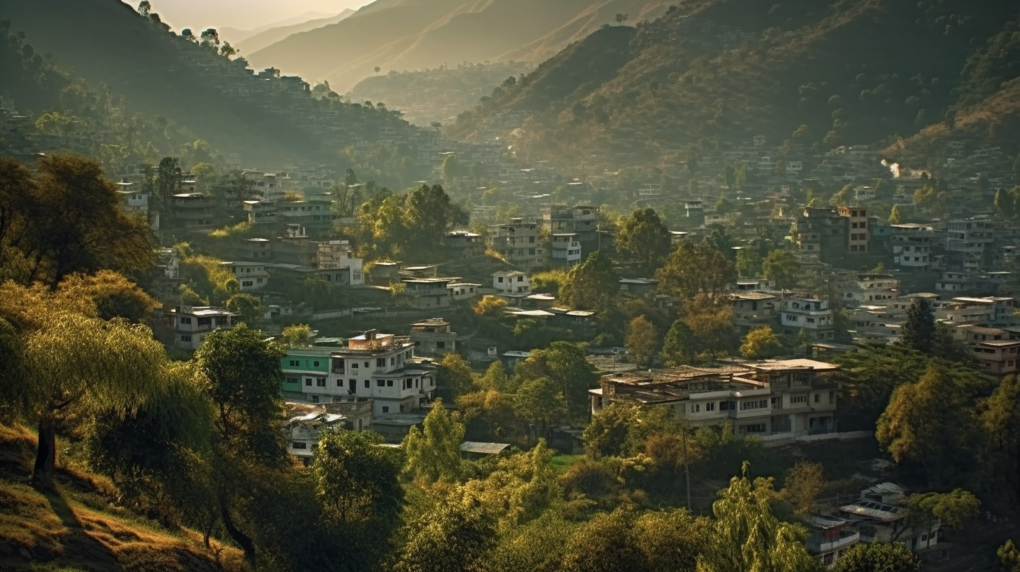 Himalayan foothills, picturesque houses, towering pine trees, misty dawn.