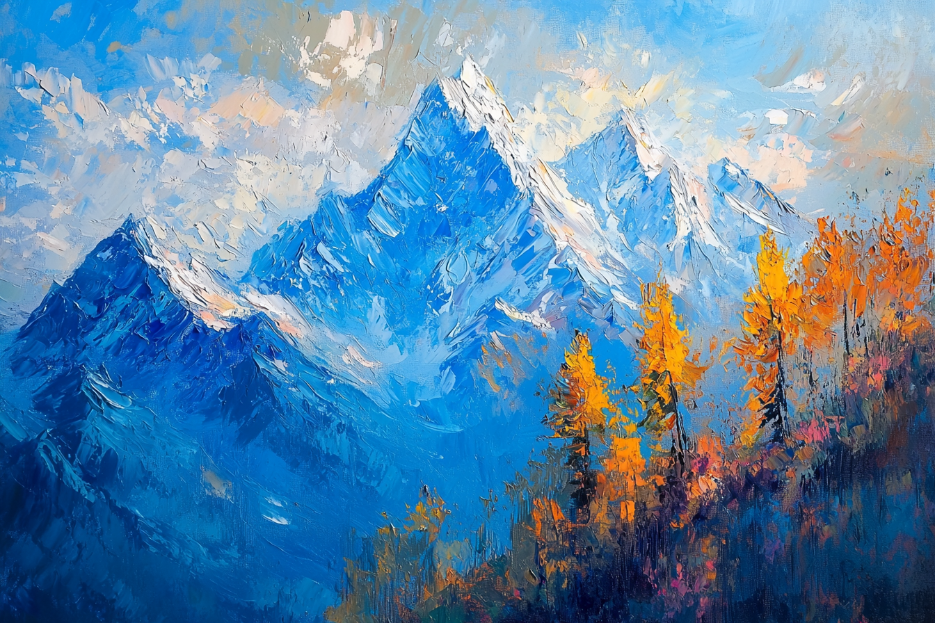 Himalayan mountains oil painting with blue trees.