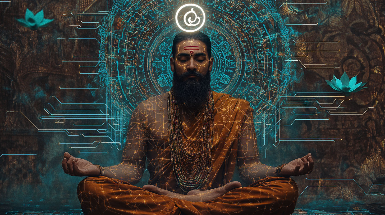 Hindu Sage Meditating Among Digital Circuitry Lines