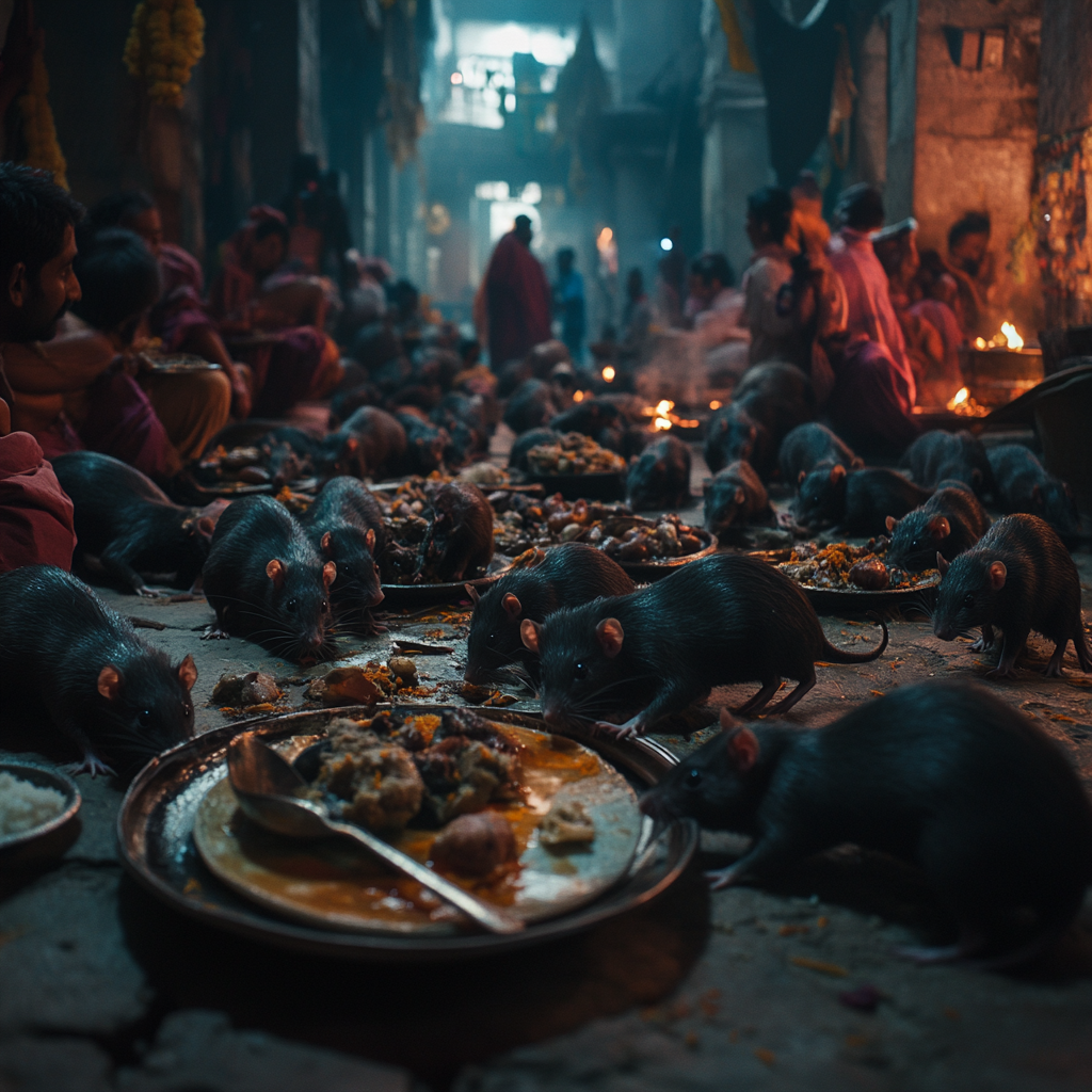 Hindu Temple with 25,000 Black Rats, Devotees Sharing Food in Indian Village