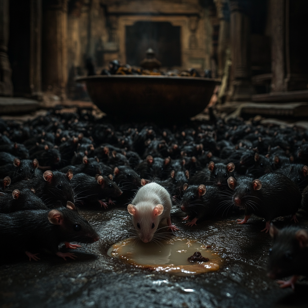 Hindu Temple: Black Rats and White Rat Drinking Milk