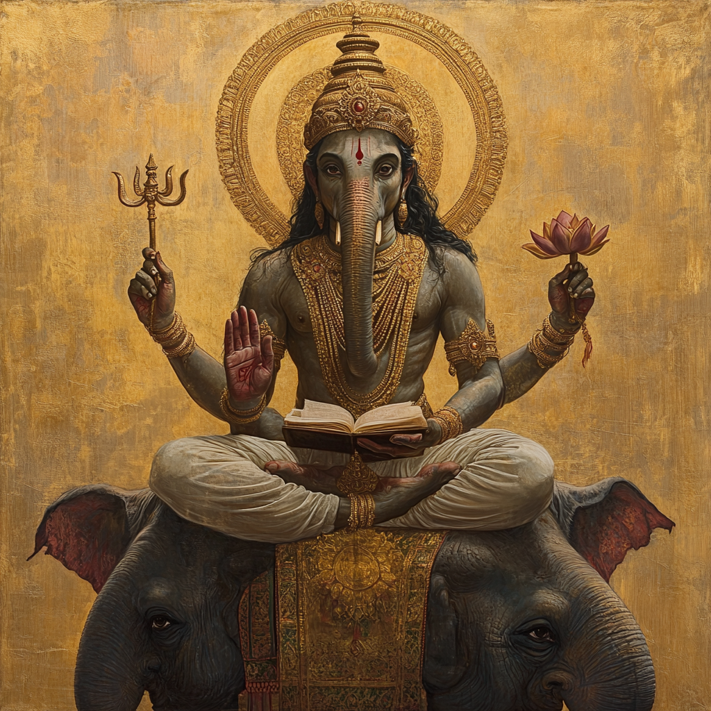 Hindu god Brihaspati sitting on elephant, holding items