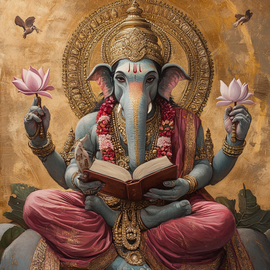 Hindu god Brihaspati sitting on elephant with attributes.