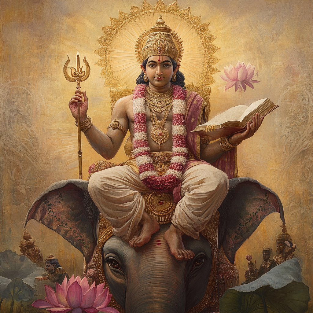 Hindu god Brihaspati with 4 hands, on elephant.