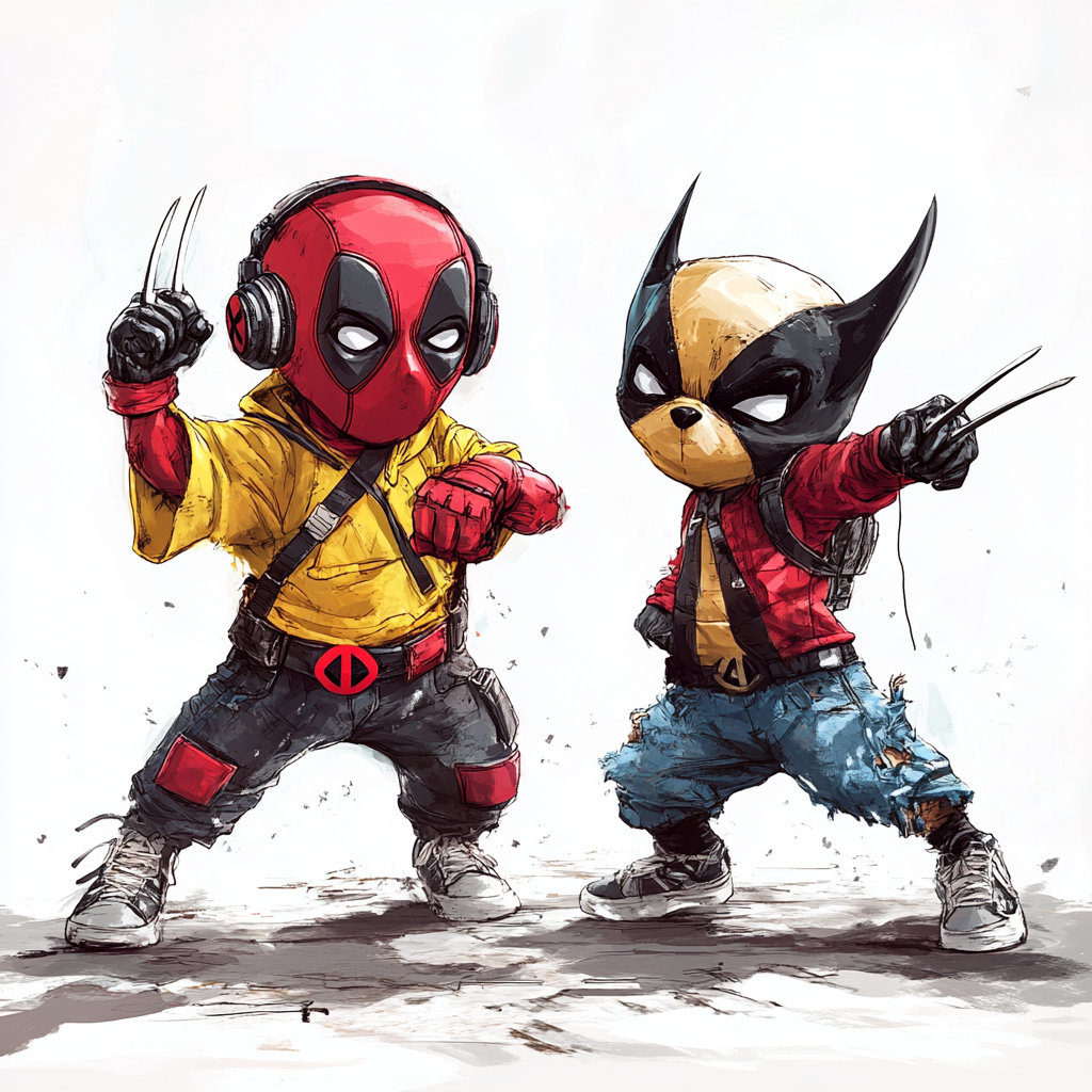 Hip hop dancers Deadpool and Wolverine, breakdance pose.