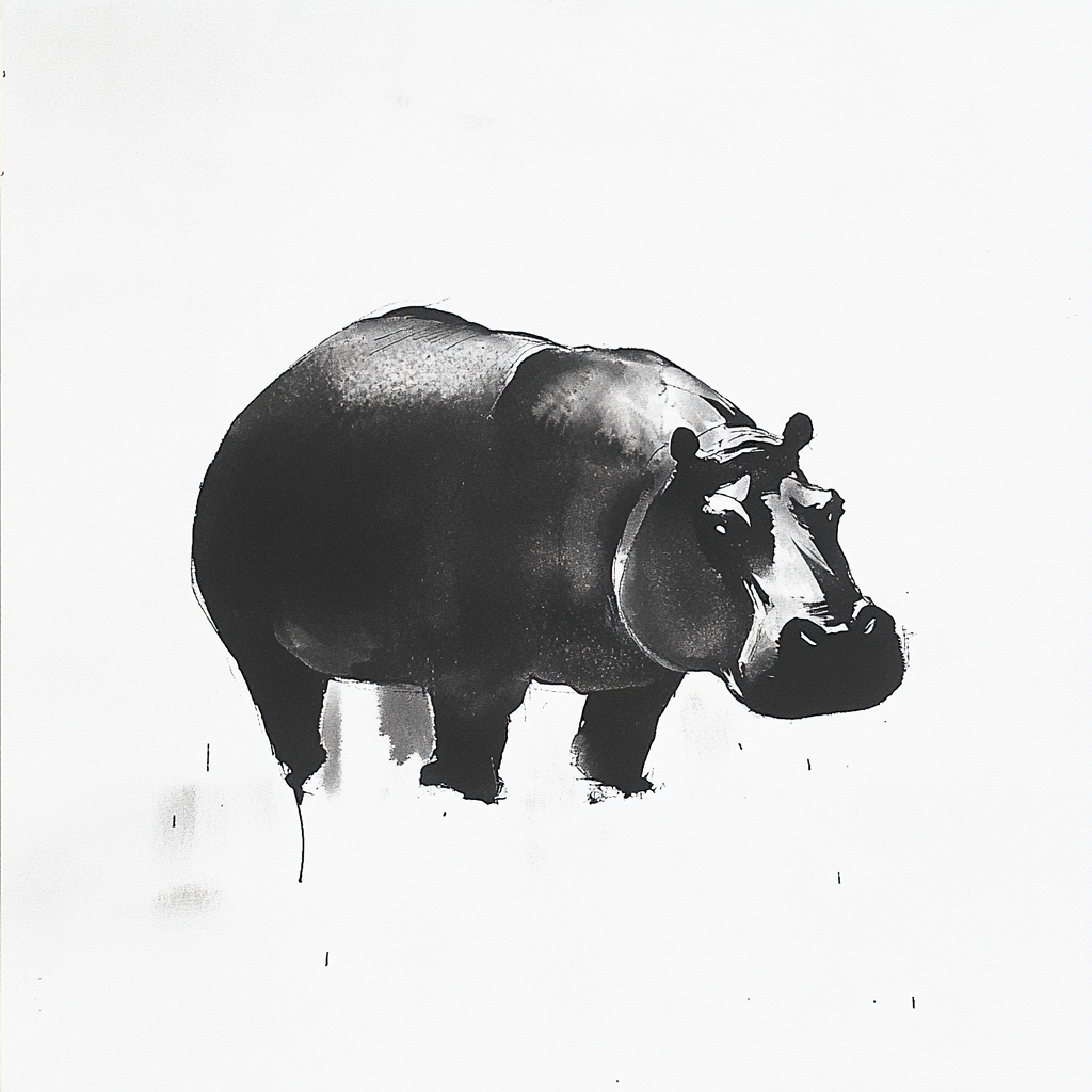 Hippo in ink wash, simple and gentle.