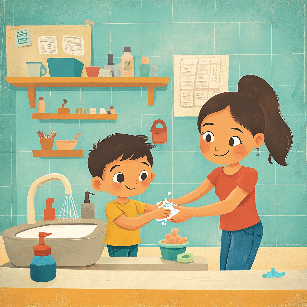 Hispanic boy washing hands in PreK classroom with teacher.